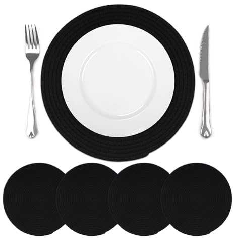 comfoyar Set di 4 Tovagliette Americane Nero Rotondo Intrecciato, Antiscivolo in Cotone Tovagliette Americane lavabili e Resistente al Calore per Cucina Decorazione, Tavola di Feste 33x33cm