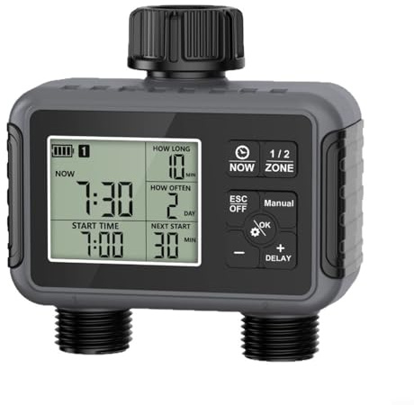 Sandyseptember Minuteur d'arrosage programmable à double sortie, ordinateur d'irrigation étanche IPX5, durée et fréquence d'arrosage personnalisables, fonction de retard de pluie pour l'adaptation aux