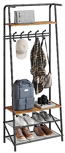 GarveeMore Coat and Shoe Rack, Coat Stand with Shoe Storage Bench, Wood and Metal Frame, with 5 Hooks, a Clothes Rail, for Hallway, Entrance, bathroom,Black and Natural Board (180x60x29cm)