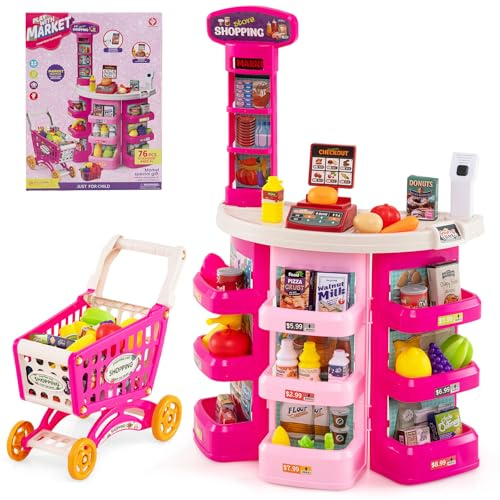 COSTWAY Cassa Gioco Supermercato per Bambini, Supermercato Giocattolo con Carrello della Spesa, Registratore di Cassa, Scanner, Luci e Suoni, Gioco di Ruolo con 29 Accessori (Rosa)