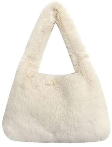 Plyschväska handväska konstläder för kvinnor, blixtlåsväska enfärgad, axelväskor för armhålor, mjuk fluffig plysch för vinter höst, E Beige, 31x8x21cm