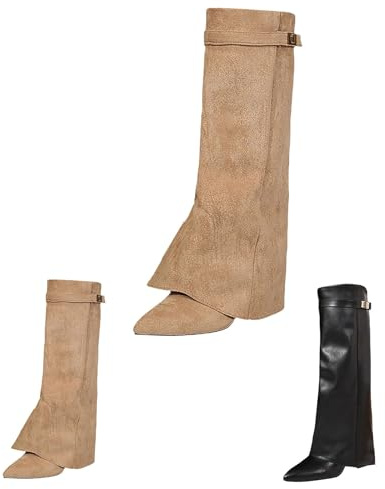 Dam Overknees stövlar läder – knähöga stövlar dam vikbara slouchy stövlar med dragkedja på sidan lång får slip-stövlar spets höga klackar eleganta festliga kvällsskor, kaki, 40 EU