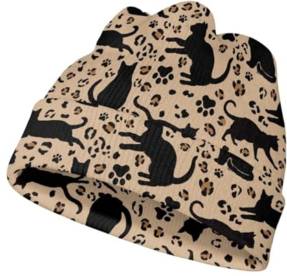 Binienty Kindermütze mit Grafikmuster für Jungen und Mädchen, lange Wintermütze, dicke Strickmütze, gemütliche Kopfbedeckung, Schwarzer Katzen-Leopardenmuster, Einheitsgröße