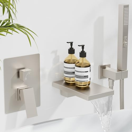 Hoimpro Wall Mount Tub Faucets with Waterfall Tub Spout, Wall Mounted Bathtub Faucet with Handheld Sprayer Bathroom Tub Filler Shower Bathtub Faucet Set, Tub Faucet Sets Rough-in Valve, Brushed Nickel