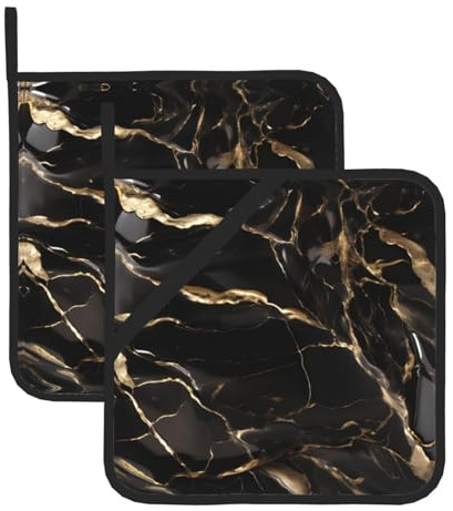 Confezione da 2 presine quadrate in marmo nero oro con anello per appenderlo, guanti da forno resistenti al calore, per cucina, microonde, griglia, set di sottopentola con manico caldo da appendere