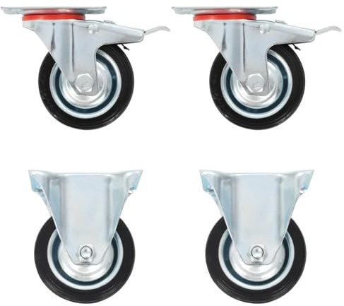 Ordellia Lot de 4 roulettes de 75 mm en caoutchouc et fer avec revêtement en zinc, 2 roulettes pivotantes avec double frein, 50 kg par roulette pour établi, chariots à plateforme et meubles
