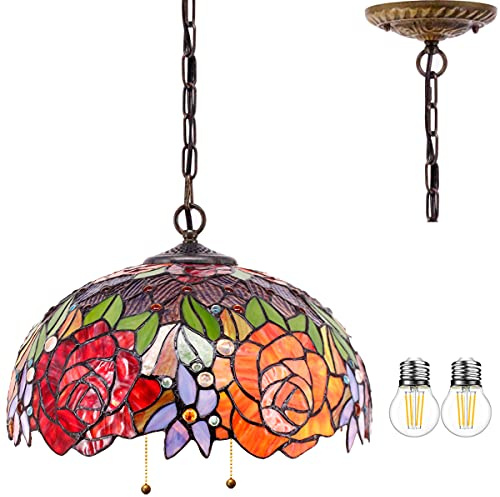 WERFACTORY Tiffany Pendant Light Fixture Red Yellow Rose Stained Glass Hanging Lamp Wide 16 Inch, Height 40 Inch S001 Series