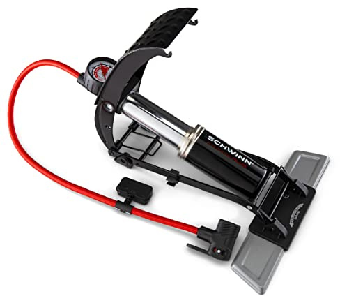 Schwinn Air Base Plus Foot Pump, Air Zone Pressure Gauge, High Pressure Foot Pump, Dual Head Nozzle Fits Both Schrader and Presta Valves, Max of 120 PSI, Black