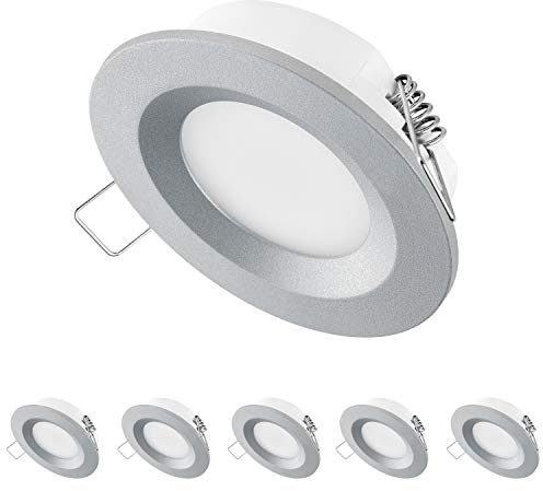 TEVEA Ultra Flach LED Einbaustrahler | 3.5W 300lm 230V | Einbauleuchte | Einbauspot | 5er Pack (Silber-Tageslicht)