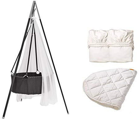 Leander - Set per culla, completo incluso: culla grigio con treppiede grigio, velo bianco, 2 lenzuola con angoli bianchi, 1 coprimaterasso