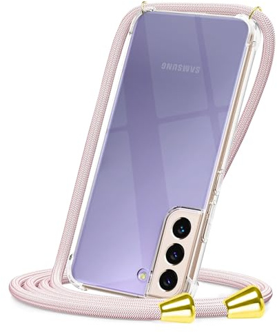 CAROKI Clear Crossbody Phone Case Compatible with Samsung Galaxy S21 with Adjustable Neck Strap, Slim Protective Cover & Durable Lanyard Holder for Samsung S21 (Rose Gold)