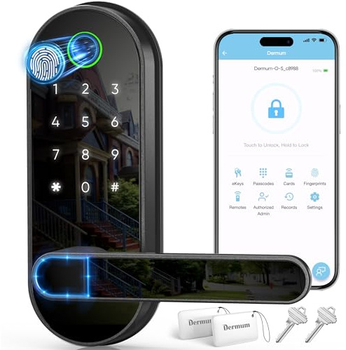 Keyless Entry Fingerprint Digital Smart Lock with Handle & Keypad: Electronic/Electric Lock with Code, App Control Biometric Deadbolt Door Knob for Front, Interior, Exterior & Bedroom Door (Black)