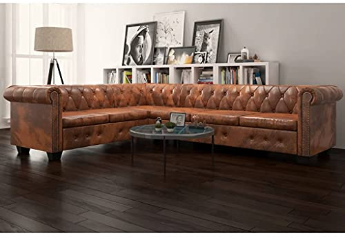 INLIFE Chesterfield Ecksofa 6-Sitzer Kunstleder Braun