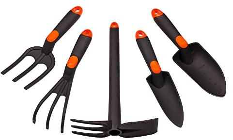 MIVOS 5-TLG Gartenwerkzeug Set für Gartenpflege – Gartenkralle – Umpflanzkelle – Kombihacke – Blumenkelle – Mini-Gabel - Garten-Handgeräte aus Glasfaserverstärkter Kunststoff