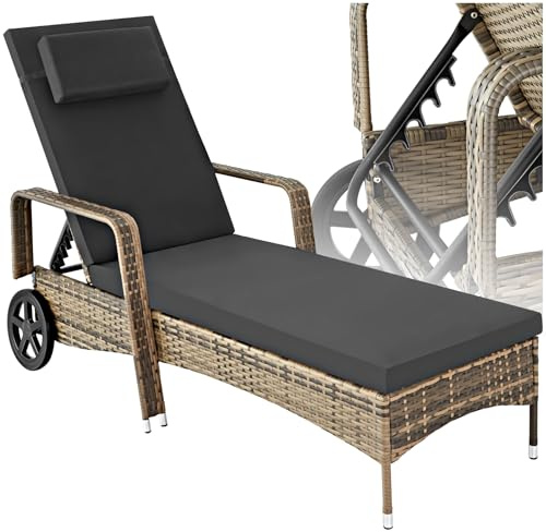 tectake® Chaise Longue Bain de Soleil en Resine Tressee Résistant Inclinable avec Roulettes Transat Salon de jardin exterieur Mobilier de Jardin Chaise Longue Piscine Plage - Marron Naturel/Gris Foncé