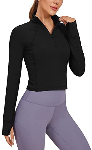 CRZ YOGA Femmes Butterluxe à Manches Longues 1/2 Fermeture Éclair Pullover Athlétique Recadré Hauts avec Trous pour Les Pouces Noir 40