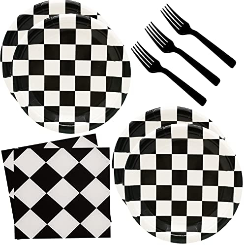 60Pcs Black and White Checkered Race Car Party Supplies,Racing Themed Tableware Set 7Racing Dessert Paper Plates and Napkins,Fork for Kids Car Sports Race car Themed Birthday Party Decor (Car Set)