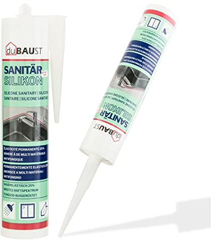 dubaust SAS24 - Silicona sanitaria elástica resistente al moho para baño, cocina, ducha, habitaciones húmedas, cartucho de 310 ml (beige)