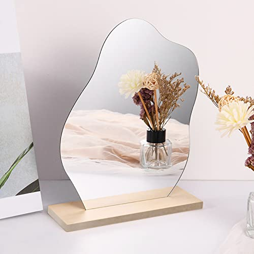 HENGBIRD Acrilico Specchio Trucco Specchio Forma Decorativo Cosmetico Specchio da Trucco Irregolare con Base in Legno per Camera da Tavolo per Camera da Letto Soggiorno e Aesthetic Room Decor