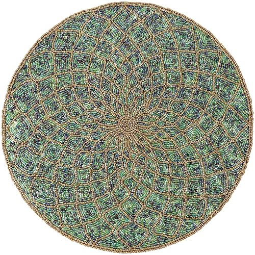 Green Gold 13 inch Charger Plate - Round Beaded Placement Mats for Dining Table