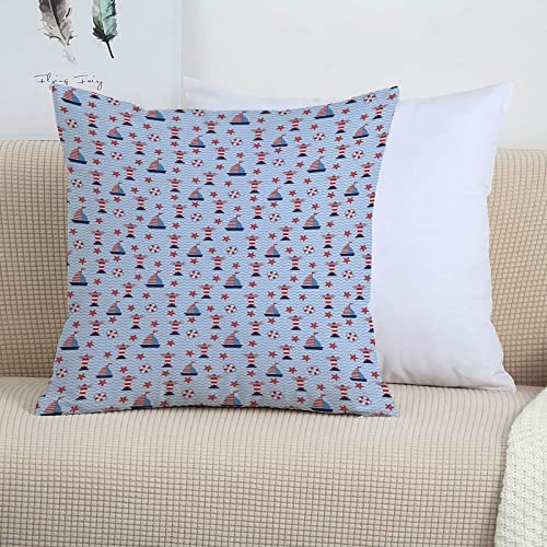 2er-Set Dekorativ Kissenbezug 45x45 cm,Leuchtturm, Meereswellen Hintergrund mit Boot Rettungsring,Polyester Kissenbezüge Dekokissen Kissenhülle Set Kissen Fall für Sofa Auto Schlafzimmer Zuhause Dekor