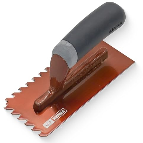 Refina NotchTile Copper Tile Adhesive Notched Trowel for Wall & Floor Tiles - Left-Handed 8x3 (190x80mm) Midget Trowel with Laser-Cut H45 6mm Notches - Soft Grip Durable Tiling Tools