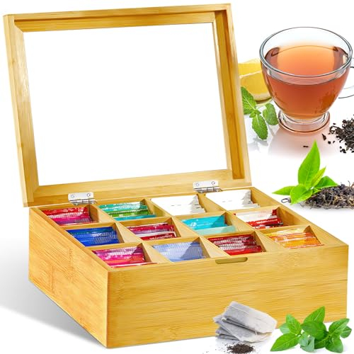 GUHAOOL Scatola da tè, Scatola Porta tè e Tisane 12 Scomparti 28 x 22.5 x 9 cm, in Legno, con Coperchio in Vetro Acrilico, Porta Tisane Bustine Porta Tisane Legno, Ideale per Bustine da tè, Naturale
