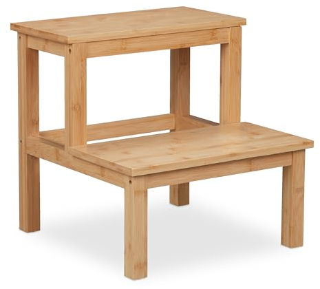 Relaxdays Tritthocker, 2 Stufen, Bambus, max. 100 kg, Kinder & Haushalt, HBT: 40 x 40 x 40,5 cm, Trittschemel, Natur