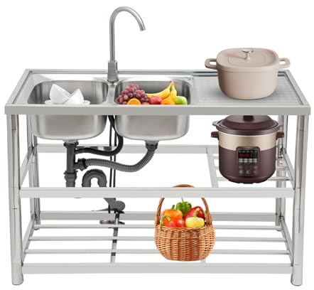 BJTDLLX Edelstahl Spültisch Deluxe Spüle mit unterschrank Küchenspüle Doppelbecken, 120x45x80cm Freistehende Spülbecken Gewerbliche mit Abflusseinheit & Wasserhahn, Komplettes Set
