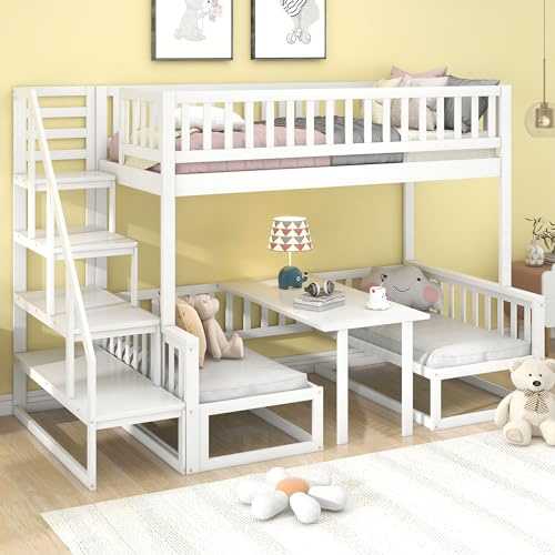 Azkoeesy Etagenbett mit Treppe, 90 x 200 cm & 120 x 200 cm, Bettgestell umwandelbar in Sofa und Schreibtisch, Multifunktionales Kinderbett mit Lattenrost, Fallschutz und Gitter, weiß