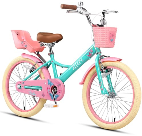 Glerc Sasha 20 tums barncykel för 7-, 8-, 9-, 10- och 11- och 12-åriga flickor i retrovintagestil barncyklar med dockcykelsäte och stödhjul och gröna stativ