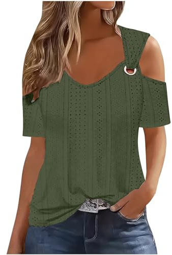 Uwdiohq Bluse E Camicie Primavera Parti Superiori di Estate per Le Donne 2024 Spalla Fredda Manica Corta Magliette Solido Anello Casual Hollow Top Camicie di Base Tees Abbigliamento per