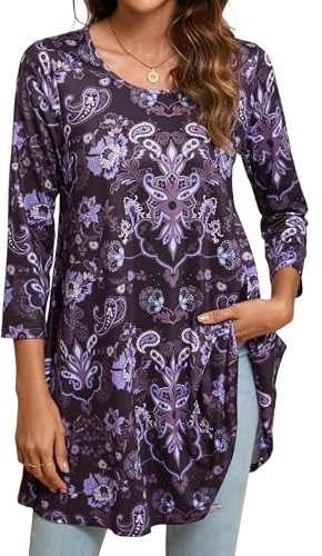 Enmain Damtunika, skjorta, 3/4 långärmad, tunika, blusar, långtröja, damer, ledig, rund hals, swing, toppar, tunikor, P-lila, XXL