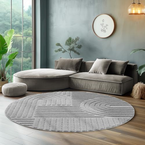 SIMPEX Teppich Rund 160 cm Grau, Hochflor Wohnzimmer Teppich, Weich & Flauschig, Skandinavisch Boho Stil, Langflor Shaggy, Pflegeleicht, Jute Rückseite
