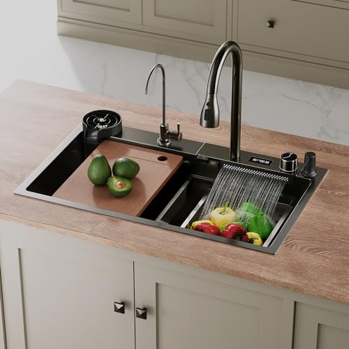 SIRHONA Évier de Cuisine Multifonctionnel à Encastrer, 1 Bac Nano Noir Évier de Cuisine Cascade en Acier Inoxydable avec Robinet Extractible Poisson Volant, Affichage de la Température (75x45 cm)