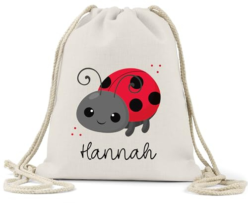 kleinebuchstaben 100% Baumwolle Turnbeutel Personalisiert mit Name - Wunschname - Sportbeutel Rucksack mit Kordelzug - für Sport Kindergarten Schule - 38 x 45 cm - 13 Liter (Marienkäfer Liegend)