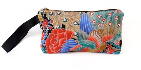 SUMI Pochette en tissue japonais, Sac à main polyvalent pour femme, 24x17 cm, fermeture éclair, deux faces: imprimé traditionnel japonais et dos uni. Intérieur résistant (Paradise)