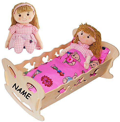 alles-meine.de GmbH Set Holz Puppenwiege/Puppenbett & Schmusepuppe - Mädchen mit rosa Kleid - incl. Name - Wiege aus Naturholz - 50 cm - für Puppen - incl. Bettzeug - Dec..