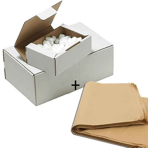 25 Cajas Automontables Blancas 25x20x10cm (Interiores) + 25/30 Hojas de Papel Manila (60x43cm), Cajas Postales de Cartón Ideal para E-Commerce y Envío Seguro (25x20x10cm - 25 Blancas +25/30 Papel)