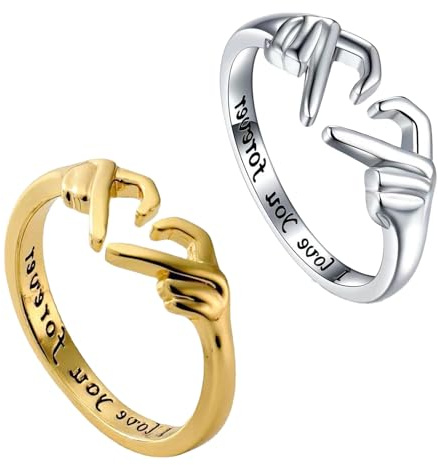 GWAWG 2PCS Hug Rings for Women Adjustable Promise Rings for Women Friendship Rings Gold Silver Heart Design Engagement Ring Gift for Wife Girlfriend Mother Sister Best Friend with Jewellery Box