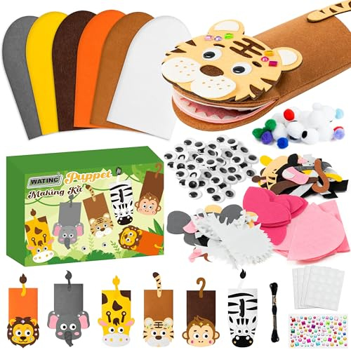 WATINC 6 Stück Felt Handpuppe, Kinder Filz Spielpuppe Socke Pompoms Bastelarbeiten Machen Puppet, Wackeln Googl Eyes Storytelling Rollenspiel Party Zubehör, DIY-Sockpuppen (Wildtiere)