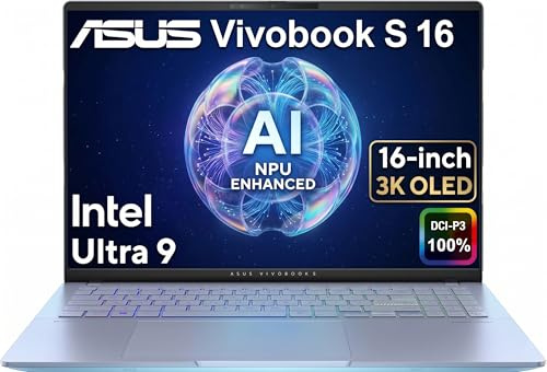 ASUS Vivobook S 16 AI PC Laptop, 16 3K OLED, Intel 16-Core Ultra 9 285H (> i9-13900H) for Creators, Photographer, Designers, IR Webcam, IST Computer Customized 32GB DDR5 RAM, 1TB/2TB SSD, Win 11 Home