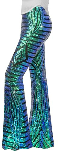 Nawgut Damenhose mit glitzernden Pailletten, ausgestellt, hoher Bund, weites Bein, Partyhose, Grün, L
