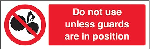 V Safety englisches Hinweisschild Do Not Use Unless Guards Are In Position, Querformat, 600 x 200 mm, selbstklebendes Vinyl, Aluminium-Effekt
