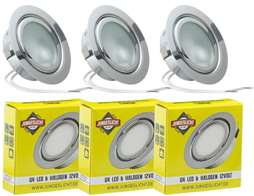 JungesLicht - Halogen Möbeleinbauleuchte 12V G4 20W, Bohrloch 55-60mm passend, Tiefe 23mm, Außendurchmesser 73mm, (Leuchtmittel inklusive, LED geeignet), dimmbar, Möbelleuchte, Spiegelleuchte, 3 Stück