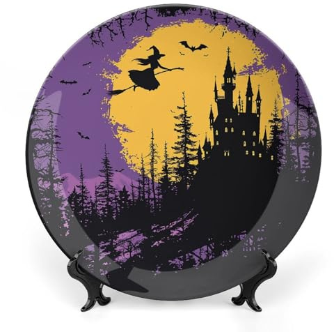 SMAZDFXX Assiette décorative en céramique en forme de sorcière et de balai, assiette décorative en porcelaine avec présentoir, 17,8 cm, ornement décoratif pour la décoration intérieure