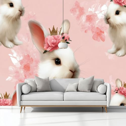 Illustrazione Digitale Animali Coniglio Fiori Carta da Parati In Tessuti non Tessuti 400 x 280 cm Murali, Rosa Fotomurale Murale, Soggiorno Camera da Letto Cameretta Dei Bambini Decorazione