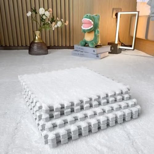 Yunlaishaocer 12 stycken plyschpusselmattor golv 30 x 30 cm mattplattor golvmattor 10 mm tjocka mjuka lekmattor för barn vardagsrum sovrum pusselmatta (vit)