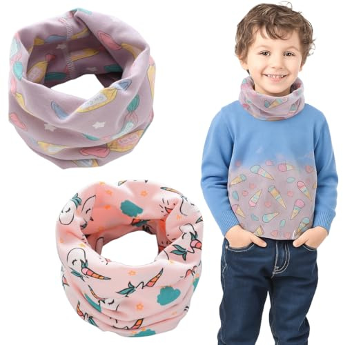 KEWUF 2 Stück Kinder Schals Baby Jungen Mädchen Schlauchschal Baumwolle Neck Warmer Loop Schals Halstuch Nackenwärmer Winddicht Halstücher Multifunktionstuch - Rosa Einhorn, lila Bonbons