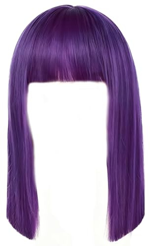Peluca morada con flequillo Pelucas cortas rectas de 14 pulgadas Pelo sintético resistente al calor para mujeres Disfraz de cosplay Aspecto diario Peluca morada oscura